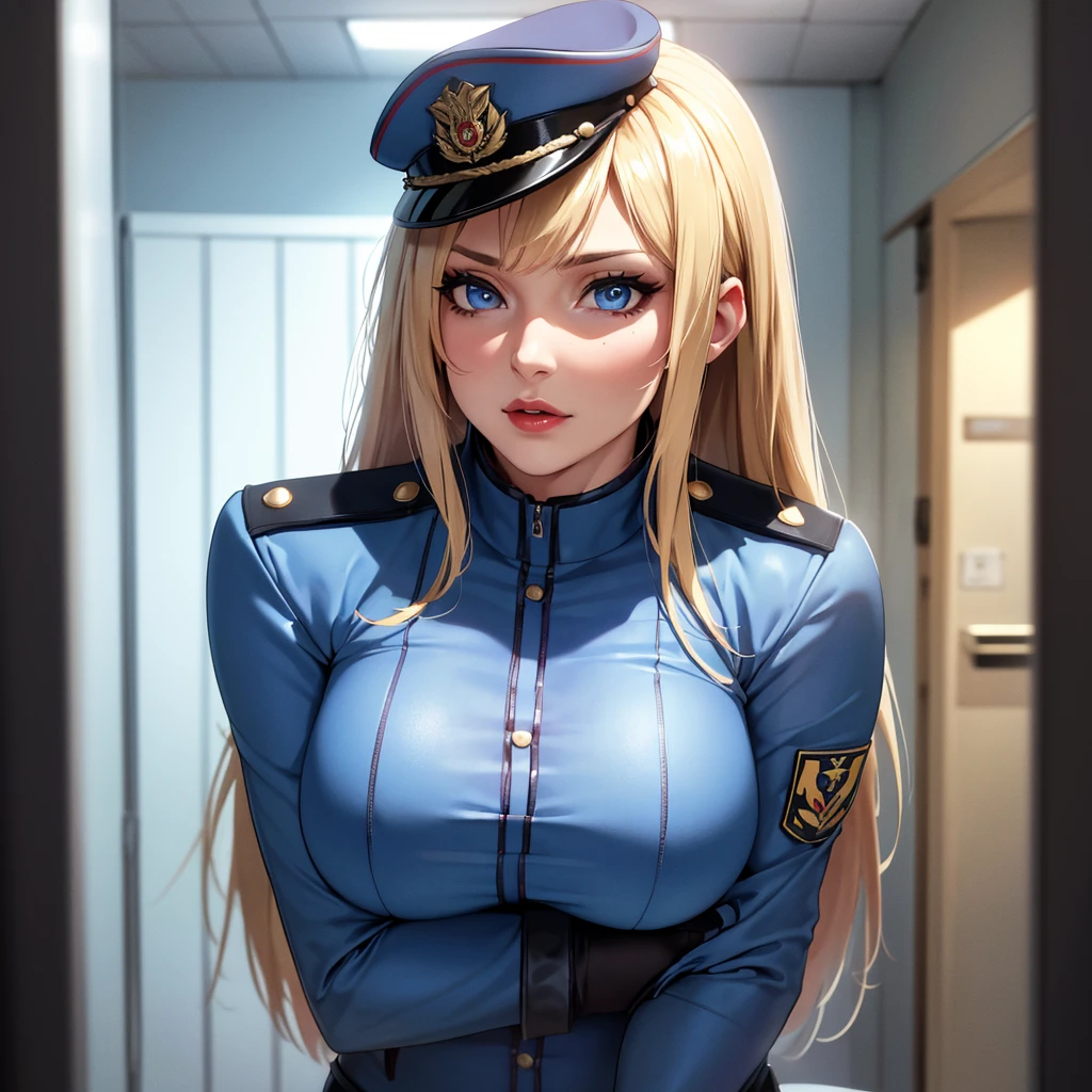 a beautiful russian policewoman with blonde hair and blue eyes,full red lips,her tight uniform hugs her curves,posing sexy inside a prison cell, mole on her upper lip, (best quality,4k,8k,highres,masterpiece:1.2),ultra-detailed,(realistic,photorealistic,photo-realistic:1.37),vivid colors,sharp focus,physically-based rendering,extreme detail description,professional