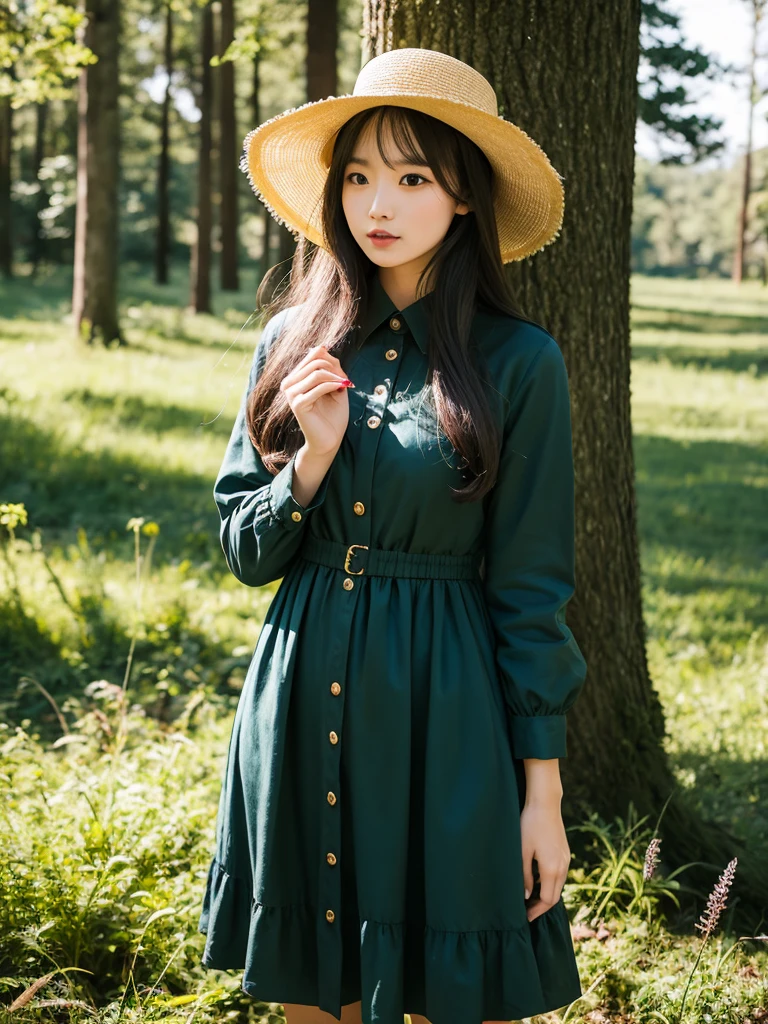 Neat and tidy lady, 25 years old, great style, long hair, dress, big hat, forest
,