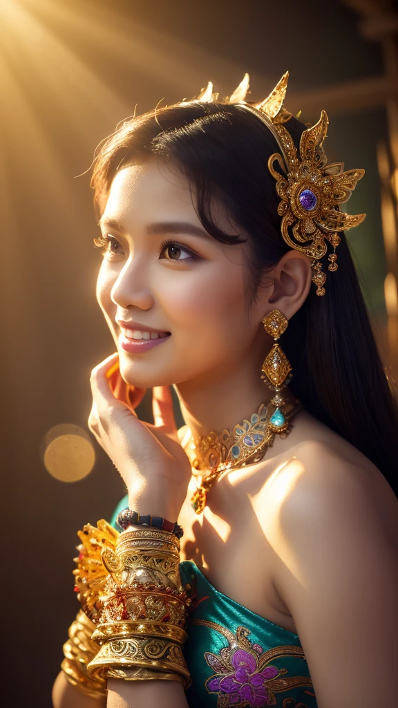 (RAW photo, best quality), gorgeous Indonesian girl, 20 year old, close up person shoot, (realistic, photo-Realistic:1.3), best quality, brown eye, masterpiece, beautiful and aesthetic, 16K, (HDR:1.4), high contrast,wearing tight red kebaya , intricate details, tradisional Indonesia theme, black batik sarong, big beautiful breast, (vibrant color:0), (muted colors, dim colors, soothing tones:1.4), cinematic lighting, ambient lighting, sidelighting, Exquisite details and textures, cinematic shot, Cold tone, (Bright and intense:1.1), wide shot, by xm887, ultra realistic illustration, siena natural ratio, Full length view, long silky black hair, gold bracelet, a beautiful indonesian model,exotic tropical skin, charming, standing cleavage, hour glass body, an alluring and playful smile, Ruby necklace, bracelet, art by Esao Andrews, graceful, Josephine Wall, Charlie Bowater, in the style of detailed character design,8k resolution, intricate lines, rococo style, glowing colors an ultra hd, detailed painting, digital art, Jean-Baptiste Monge style, bright, beautiful, splash, glittering, cute and adorable, filigree, rim lighting, extremely, magic, surreal, fantasy, digital art, WLOP, Artgerm, James Jean, broken glass effect, stunning, energy, molecular textures, iridescent and luminescent scales, breathtaking beauty, pure perfection, divine presence, (ancient indonesian theme:1.5), unforgettable, impressive, breathtaking beauty, volumetric light, by ivv, rays, vivid colors reflects, uhd,kebay4