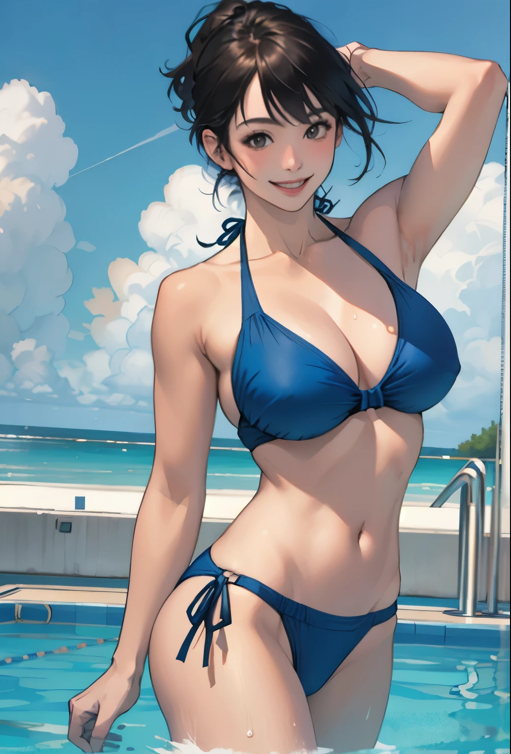 Realistic、Face reality、With a girl、Swimwear、Sexy smile、My breasts have gotten a little bigger、Sexy pose、High diving board、Bandeau bikini、Less fabric area、