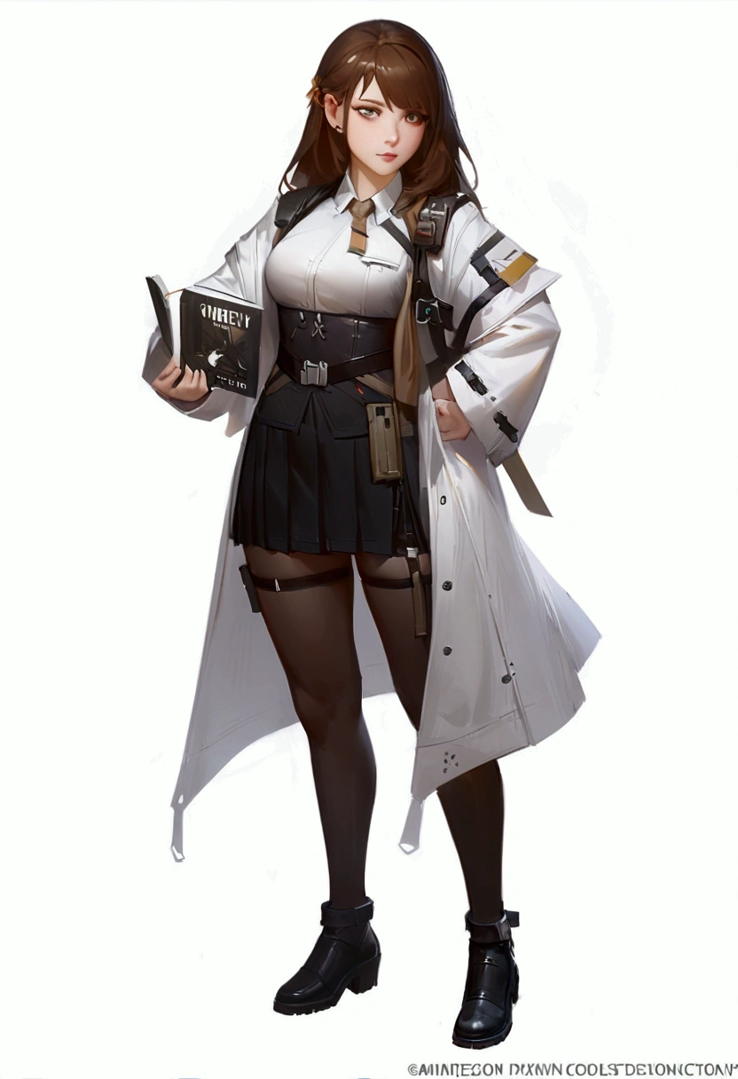 a woman in a white coat and black skirt holding a book, (hair swept bangs:1.3), (brown hair:1.3), from girls frontline, girls frontline style, fine details. girls frontline, guweiz, kantai collection style, from arknights, girls frontline cg, artwork in the style of guweiz, girls frontline, girls frontline universe, professor clothes, by Yang J, guweiz on pixiv artstation, (beautiful detailed face),(Beautiful and delicate eyes),