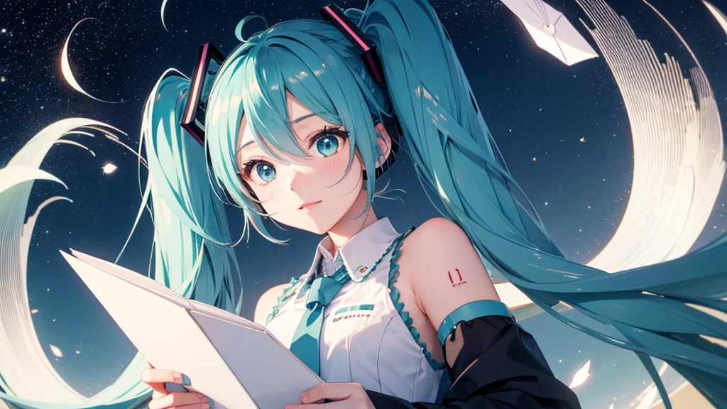 Under the quiet night sky、An image depicting Hatsune Miku reading a letter of thanks。