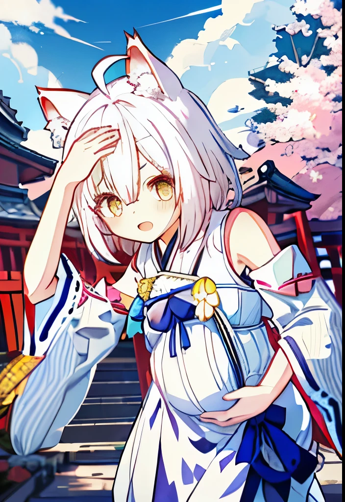 1girl, pregnant, animal_ears, day, detached_sleeves, wide_sleeves, sky, outdoors, solo, ahoge, japanese_clothes, cloud, bangs, blush, open_mouth, blue_sky, , sweat, cat_ears, eyebrows_visible_through_hair, hakama, open mouth, tired 