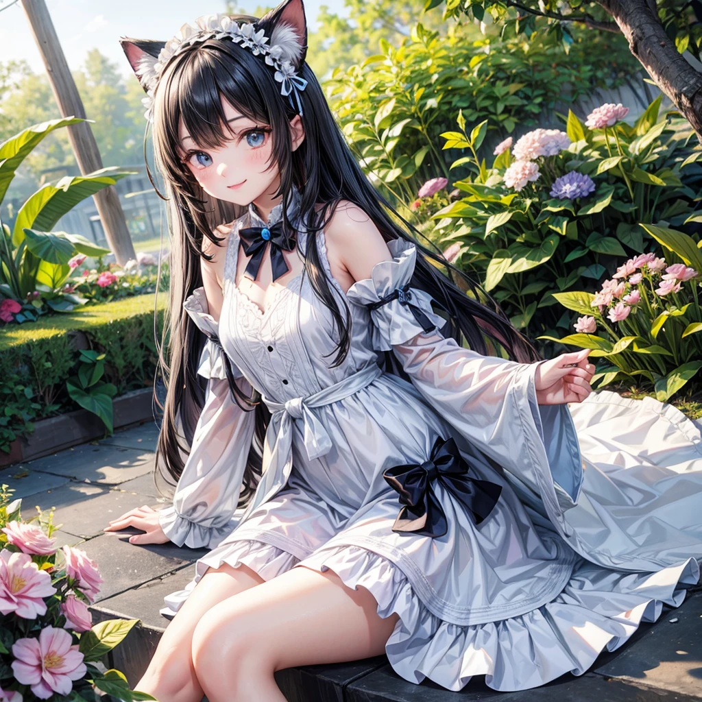 Waist-length hair,Bi-tone hair,Left half black hair,The right half has white hair,masterpiece,Extremely detailed,Cat ear,Second dimension,Teenage Girl,Butterfly headdress,Light blue lolita,Alone in an open flowerbed,Smiling,The left eye is,Right eye is blue - automatic