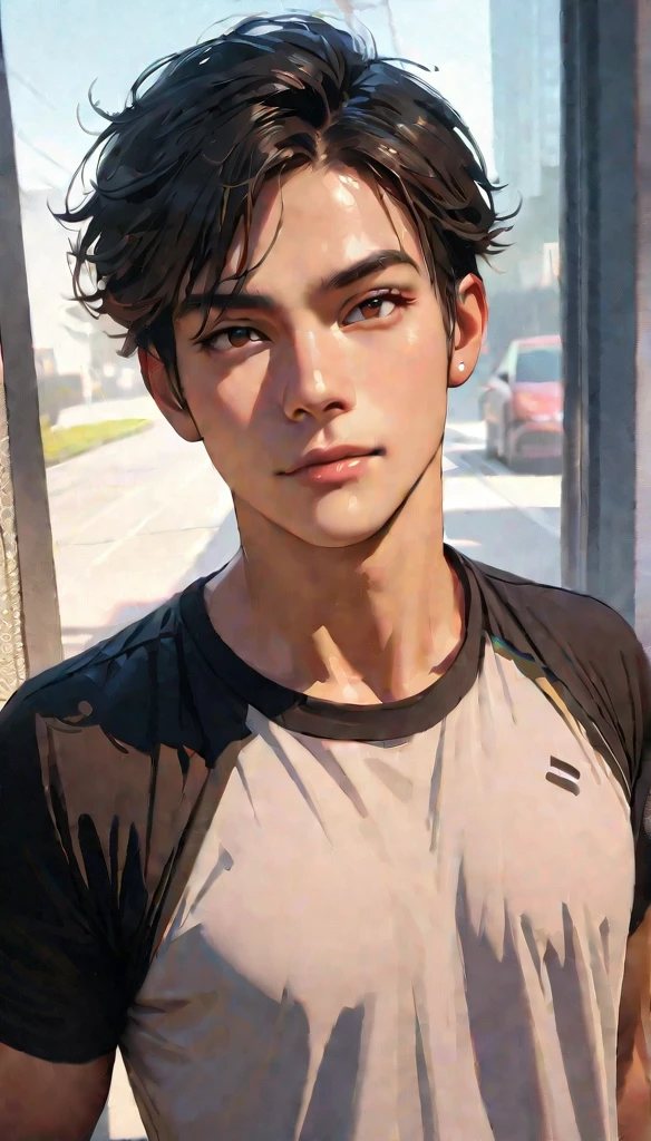 masterpiece , modern, Verism, masterpiece, super detail, best quality, 4K , [Realistic], One good young man,Black short hair,de pe com as maos no bolso, camiseta preta, valca preta tambem, olhos verdes e um colar discreto 