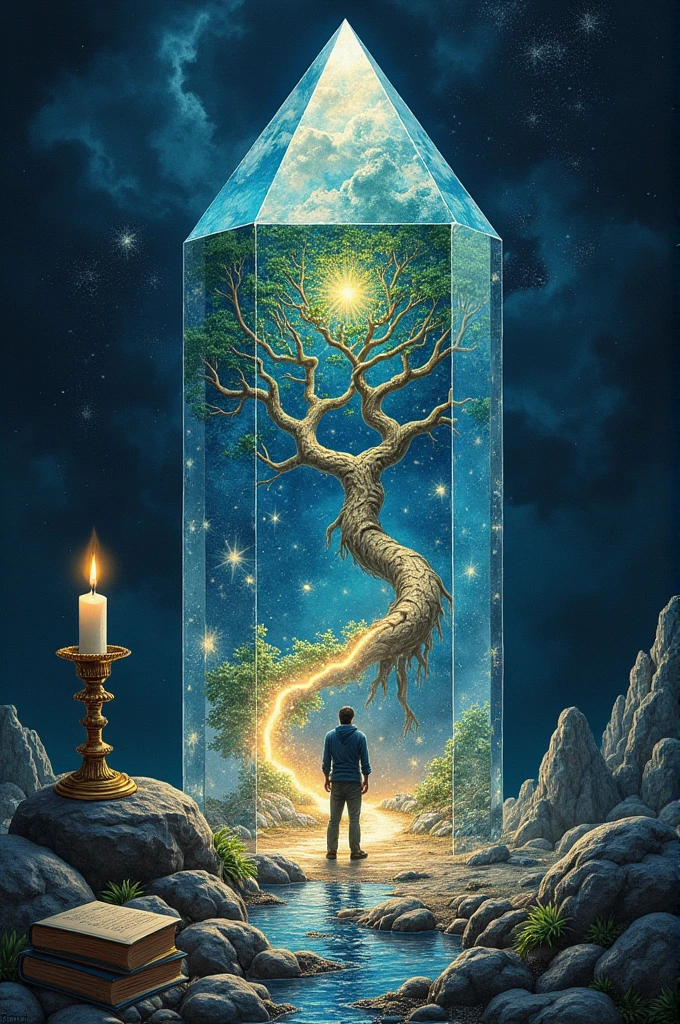 create a realistic drawing !Crystal with reflection of the Universe, Man in the Maze, Tree of knowledge, River of Time, Candle in the dark, star, books, compass, key, ladder