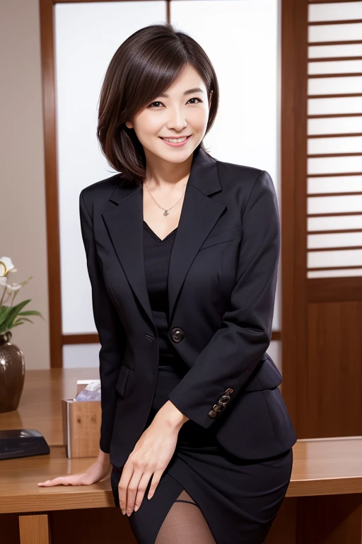 Beautiful Japanese Woman、Beautiful mature woman、Classy sex appeal、sexy、cotton tight skirt、blazer、Transparent beauty、8K high resolution、Beautifully trimmed feet、sexyな胸元、Smiling Kindly、smile、Round face、Thigh、Thigh、