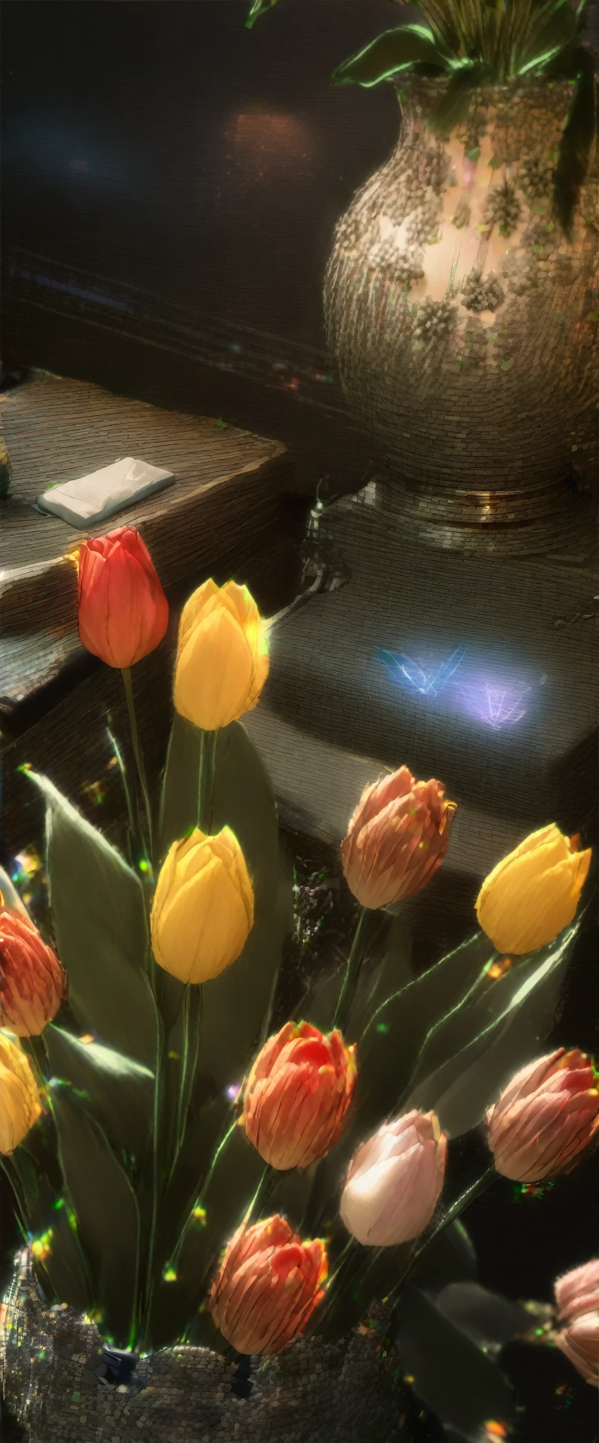 (8k, Highest quality, masterpiece: 1.2), (Realistic: 1.37), Very detailed, Close-up, (Tinkerbell and Tulips:1.2), vase１Tulip flowers on a desk, , , Small faint lights, flying fairies, night, , Intricate details, Splash screen, 
