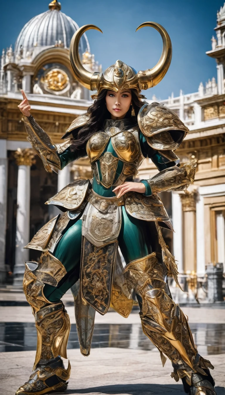 best quality, Practical, photoPractical, Award-winning photography, (Intricate details, Royal Palace: 1.2), (Subtle details), (Intricate details), (Movie Lighting, Super sexy long-haired female eyes wearing Taurus armor,Wearing a Taurus Helmet , Domineering，Giant Bounce Box, Sexy long legs, Showing belly，Plump body dynamic sexy pose, Saint Seiyaの正装, Colorful、Well-crafted armor, Saint Seiya, Leg armor,, whole body),