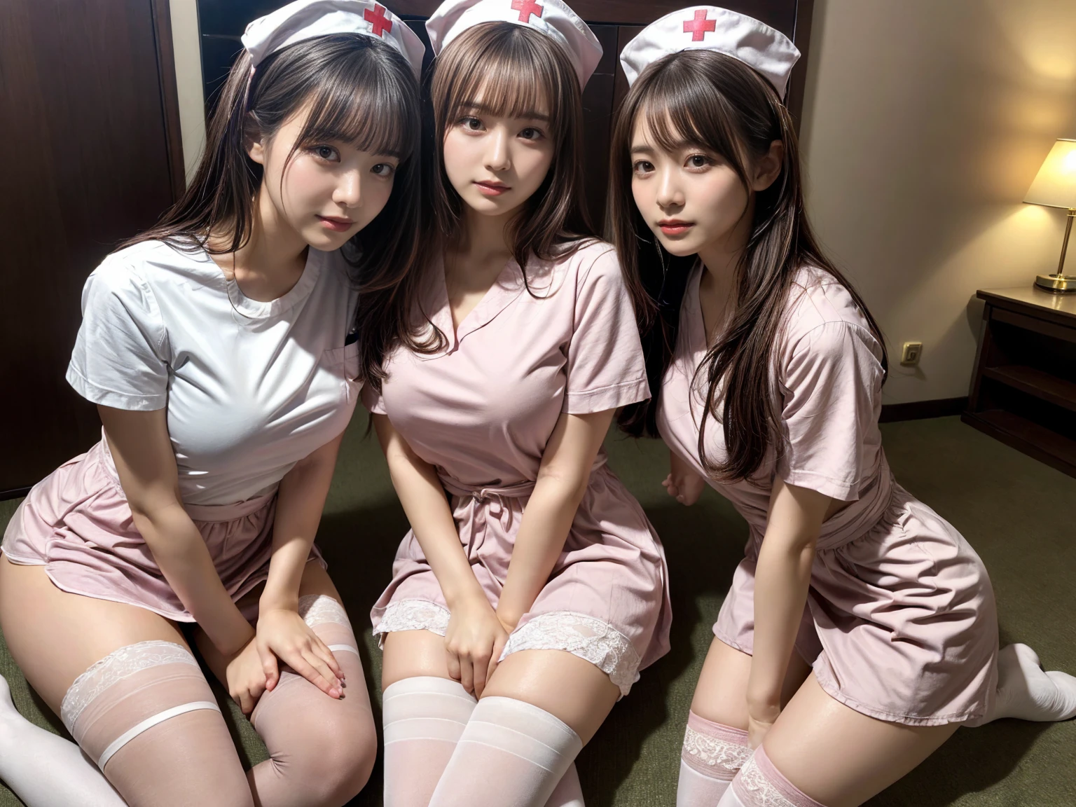 masterpiece, best quality, illustration, Super detailed, fine details, High resolution, 8K,wall paper, perfect dynamic composition,(Details High quality, realistic depiction of eyes:1.3), (3 girls), ((nurse cap, short sleeves, light pink nurse wear, ((white legwear, zettai ryouiki)))), sitting, open legs, short bob hair, in a hotel room in the background, deep on field, large breasts, black hair color, Big Natural Color Lip, (perfect body shape), crying a little、Harajuku style、20 year old girl、cute type、beautiful legs, Gravure Idol