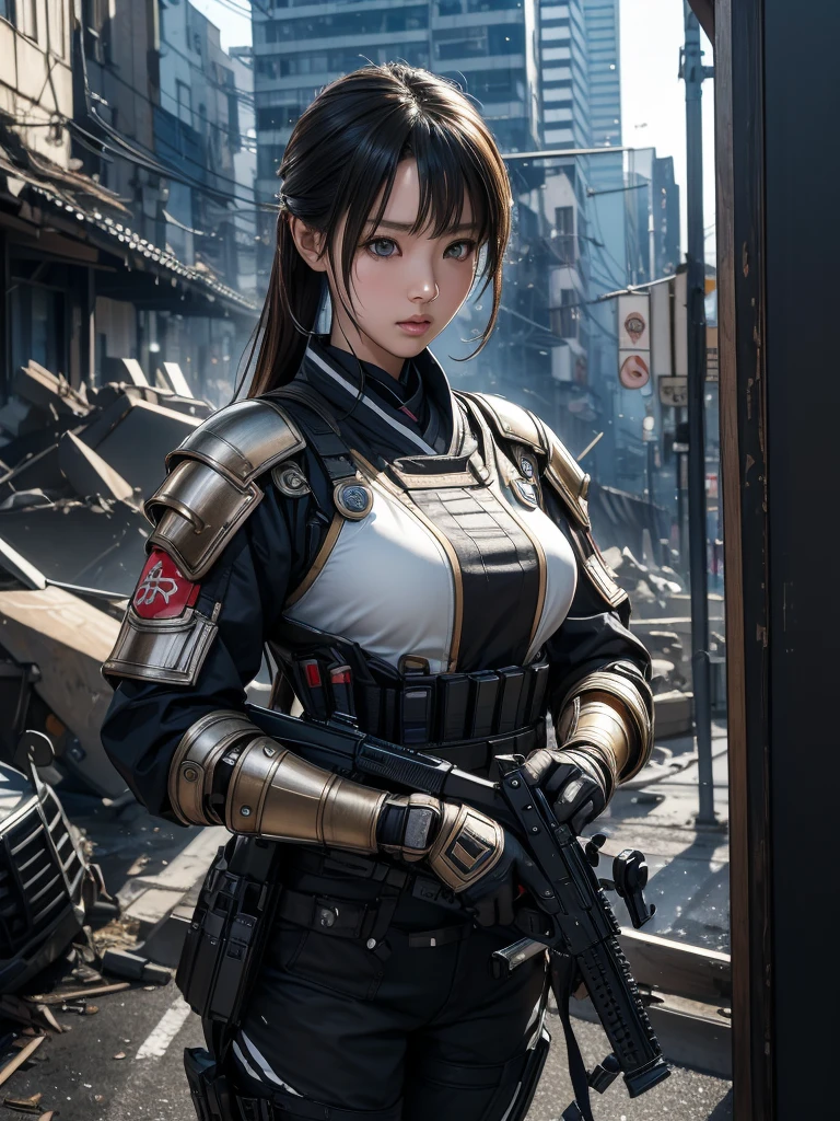 Standing strong amid the chaos of urban warfare、Extremely realistic detail of a Japanese girl in armor、A breathtaking photorealistic masterpiece。Framed in expansive 16k ultra-high resolution, this stunning image、Showing her ultimate cute face with delicate features and smooth ultimate RAW skin。Her eyes sparkle with determination as she holds her assault rifle against a backdrop of destruction.。The machine's armor glitters under the intense light.、Casts realistic shadows that make the image appear to jump out of the screen。The overall composition is a testament to Special Forces training.、A girl's entire body is on display in all its mechanized glory。