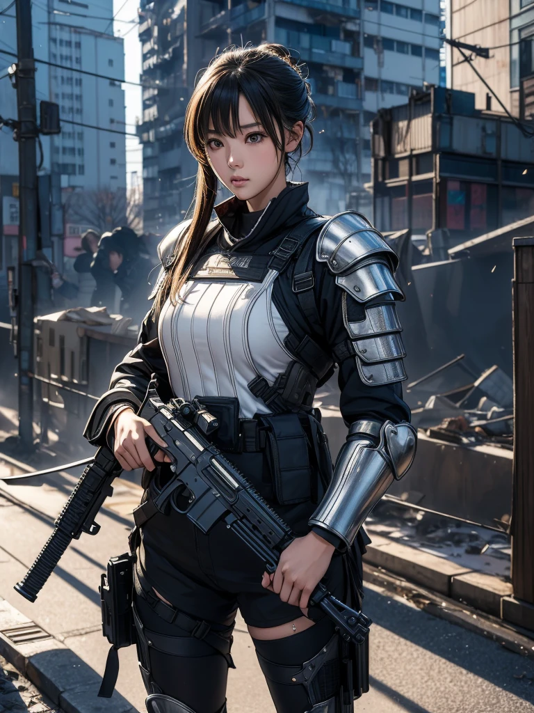 Standing strong amid the chaos of urban warfare、Extremely realistic detail of a Japanese girl in armor、A breathtaking photorealistic masterpiece。Framed in expansive 16k ultra-high resolution, this stunning image、Showing her ultimate cute face with delicate features and smooth ultimate RAW skin。Her eyes sparkle with determination as she holds her assault rifle against a backdrop of destruction.。The machine's armor glitters under the intense light.、Casts realistic shadows that make the image appear to jump out of the screen。The overall composition is a testament to Special Forces training.、A girl's entire body is on display in all its mechanized glory。
