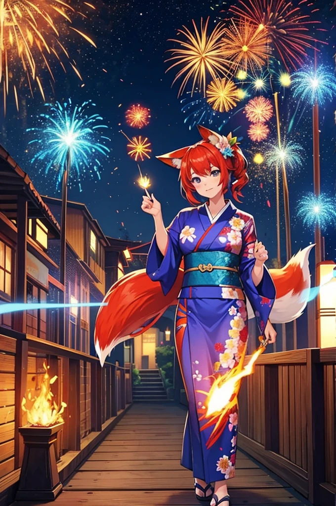 female fox, firework, Blue Fire Magic, Redhead, Flower Kimono, tail