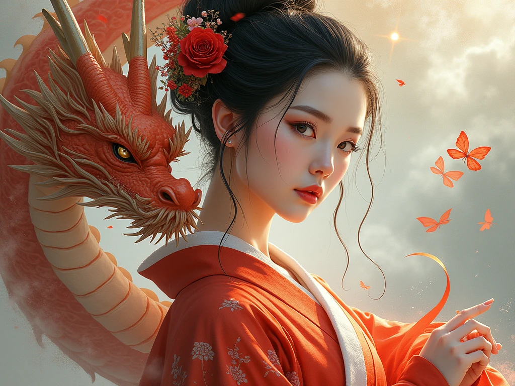 A painting of a woman in a kimono and a dragon, Detailed painting by Phan Chi, cgsociety contest winner, Fantasy art, Chinese Fantasy, Japanese Fantasy, The art of Japan style, The art of Japan, Japanese Goddess, The art of Japan art, Beautiful Fantasy Empress, Ancient Chinese Princess, Chinese mythology, traditional The art of Japan, Traditional Japanese concept art, Beautiful digital art