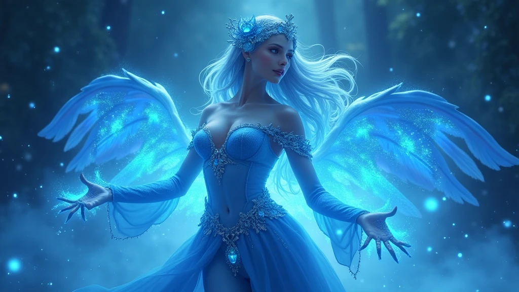 Fantasy, goddess、Vivid Blue、emit a magical glow, First Person View, Super Detail, Attention to detail, high quality, 8k