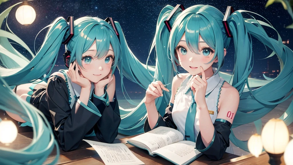 Under the quiet night sky、An image depicting Hatsune Miku reading a letter of thanks。