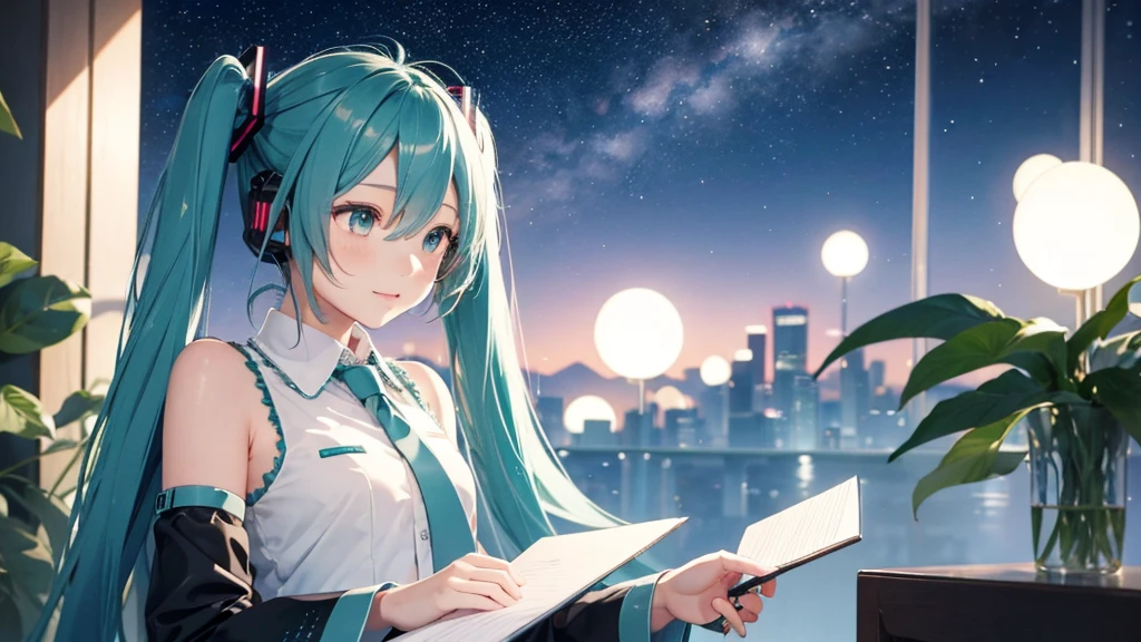 Under the quiet night sky、An image depicting Hatsune Miku reading a letter of thanks。