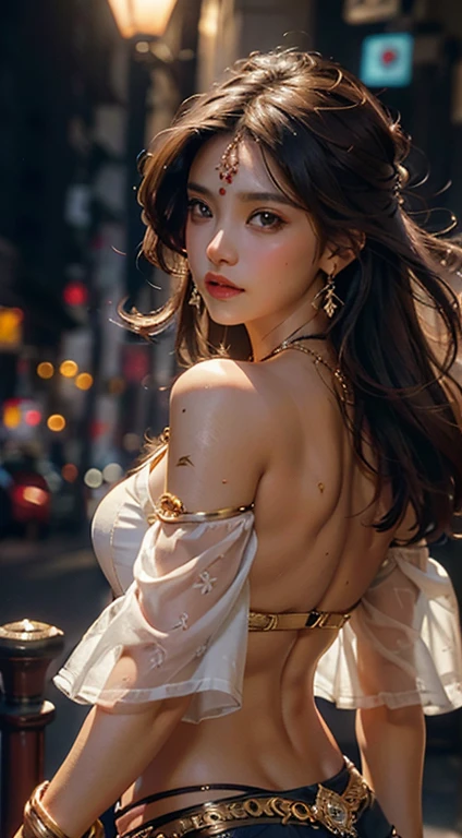 Top quality, masterpiece, ultra high definition, (Reality: 1.4), Original photo, 1Girl, brown eyes, off-shoulder, cinematic lighting, big, dark eyeliner, brown hair, wind, necklace, piercing, bangles, abs, buckshot, back,