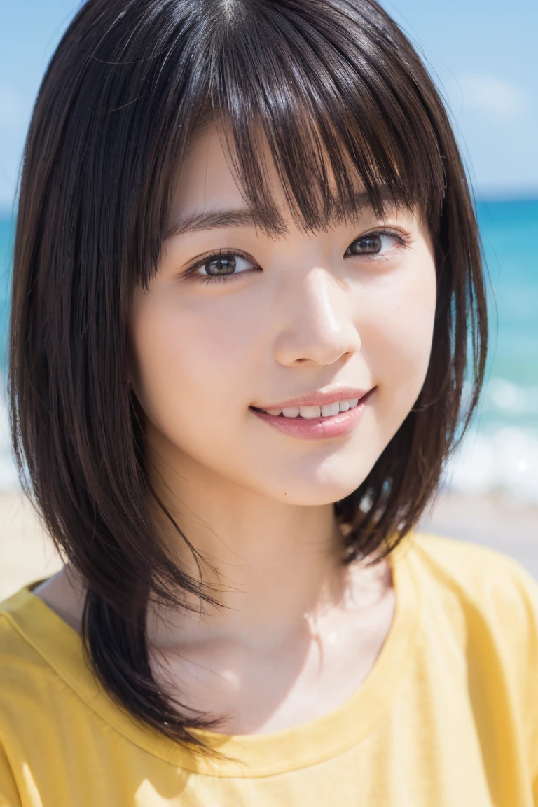 masterpiece, Highest quality, One Woman, (Yellow T-shirt:1.2), 22 years old、(RAW Photos, Highest quality), (reality, Realistic:1.4), Upper Body、Clean look、Iris、very detailed eyes and face, Beautiful and detailed nose, beautiful eyes, Perfect ???????、Black short hair、bangs、Crystal skin, A cool smile、Face Focus、Summer beach、