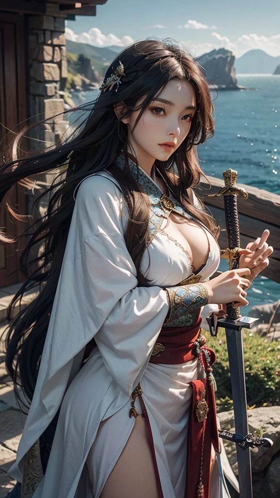 On the mountain coast,A beautiful dragon girl,long hair shawl,Big breasts,Wearing Immortal Clothes,Sword,Perform sword dance alone
