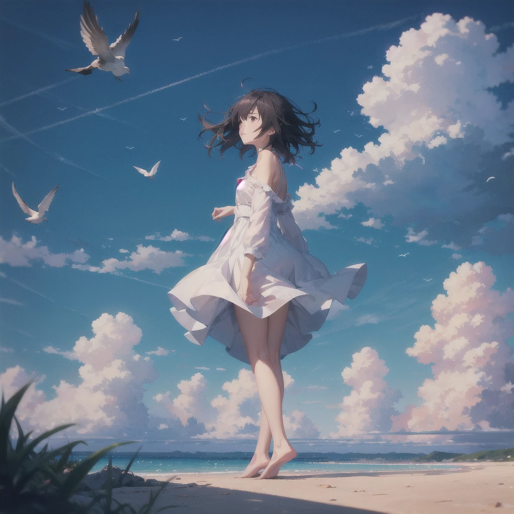 Makoto Shinkai Taste, Beautiful sky, girl blown by the wind, Fluttering Hair, barefoot, Birds are flying,