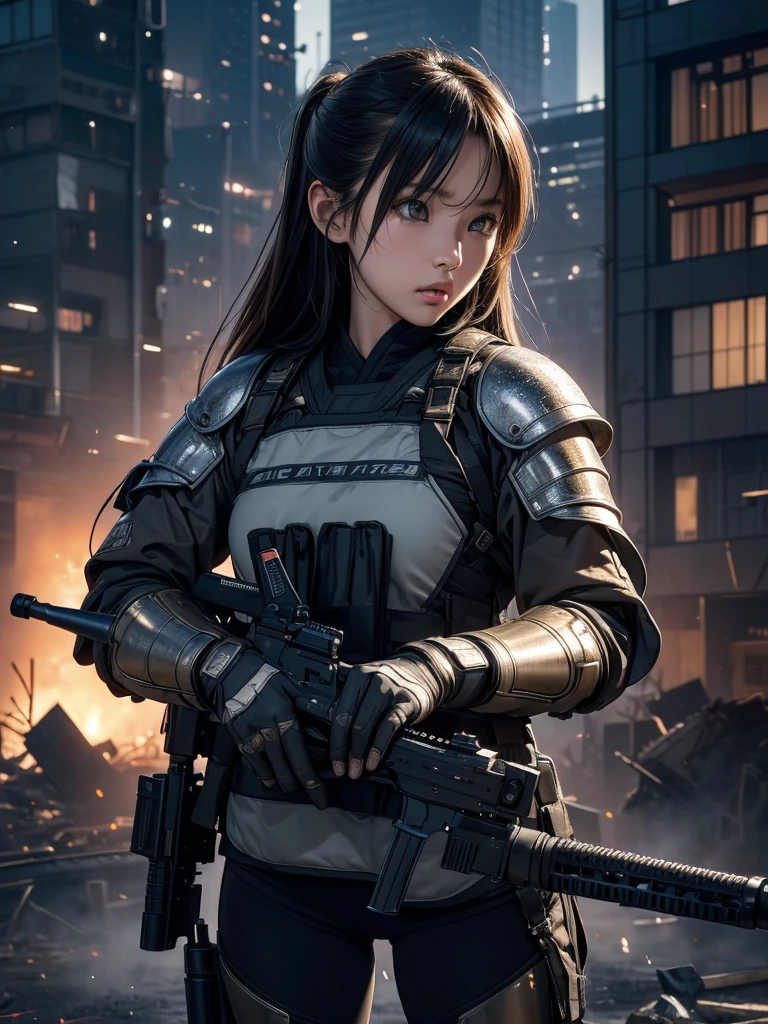 Standing strong amid the chaos of urban warfare、Extremely realistic detail of a Japanese girl in armor、A breathtaking photorealistic masterpiece。Framed in expansive 16k ultra-high resolution, this stunning image、Showing her ultimate cute face with delicate features and smooth ultimate RAW skin。Her eyes sparkle with determination as she holds her assault rifle against a backdrop of destruction.。The machine's armor glitters under the intense light.、Casts realistic shadows that make the image appear to jump out of the screen。The overall composition is a testament to Special Forces training.、A girl's entire body is on display in all its mechanized glory。