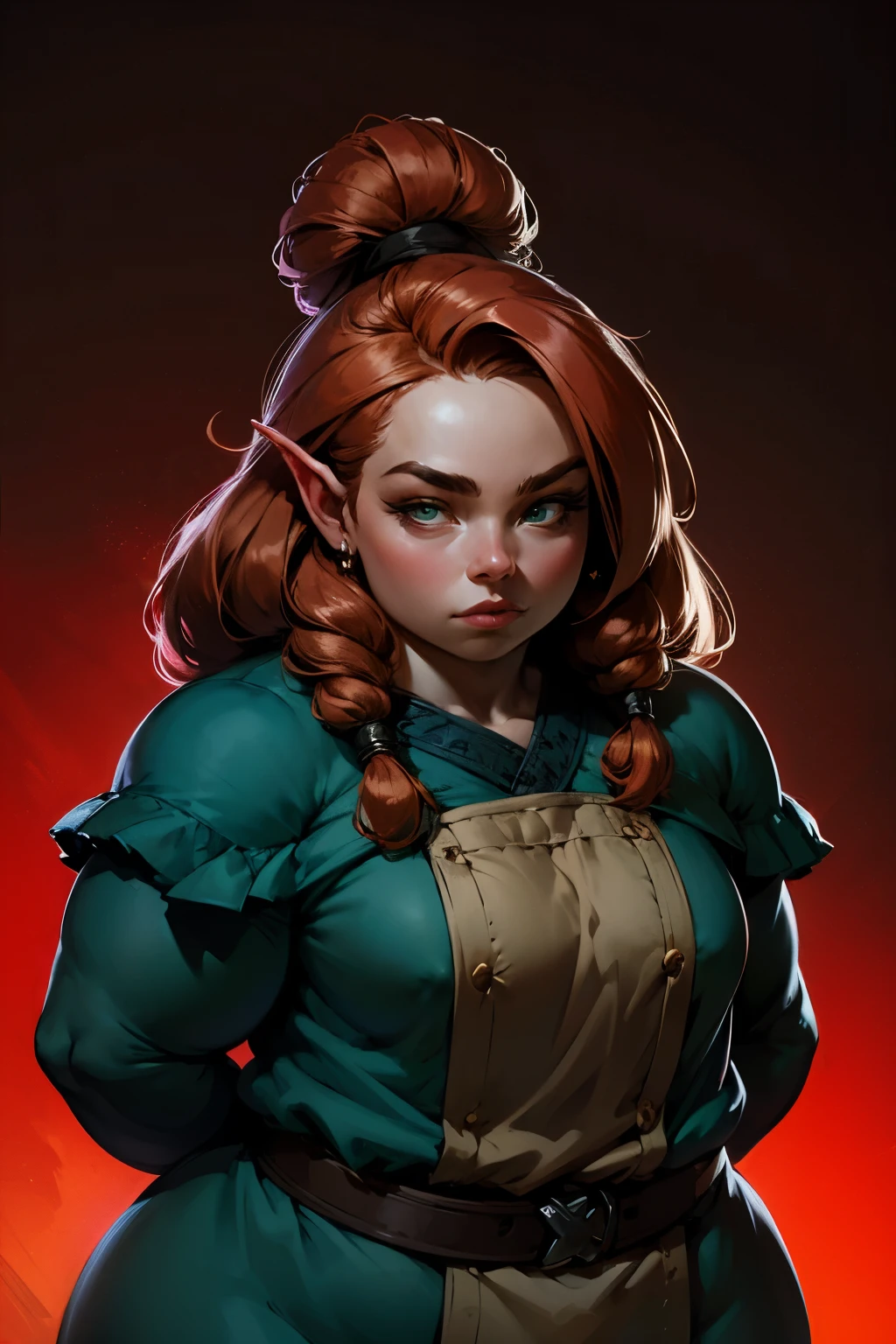beautiful ginger ((dwarven woman)) in her 30s, with green eyes and striking features, exuding maturity and allure in a seductive pose.(dark-red background),(dwarf) female ,((curvy)), ((thick)), chubby , (((short hight))) , ( small),i, beauty, ginger braided hair, thicc,mature female, plump, 1.5M, short, small size,