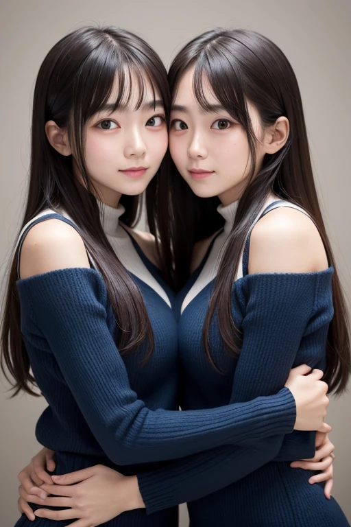 Identical twins with the same face put their arms around each other、Hugging