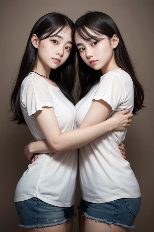 Identical twins with the same face put their arms around each other、Hugging