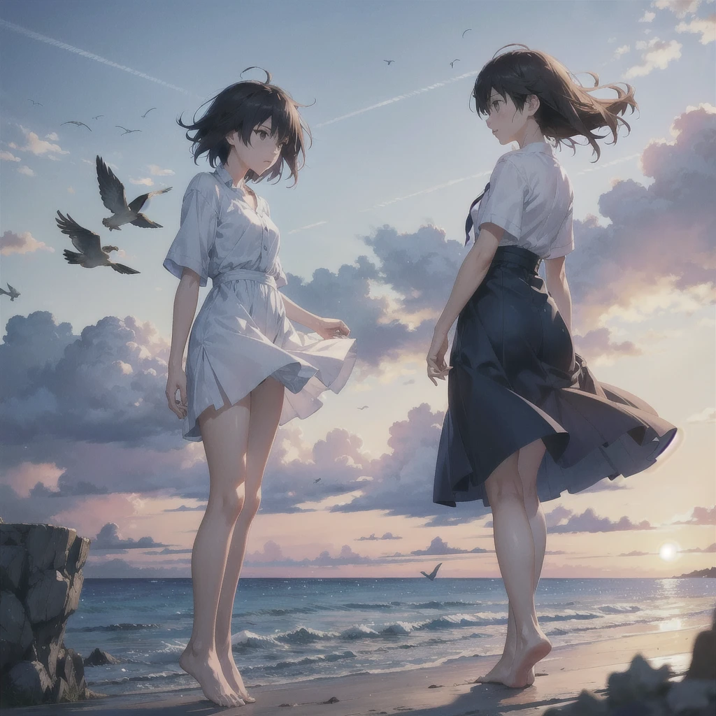 Makoto Shinkai Taste, Beautiful sky, girl blown by the wind, Fluttering Hair, barefoot, Birds are flying,
