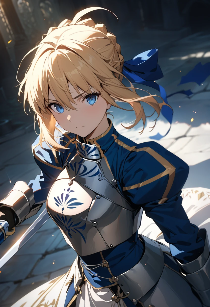 (masterpiece:1.2), (highest quality:1.2), Perfect Eyes, Perfect Face, Perfect lighting,1girl，Saber, holding sword artoria pendragon \(fate\), fate \(series\) perspective medieval beautiful, aesthetic, detailed, beautiful color amazing quality, best quality, high quality