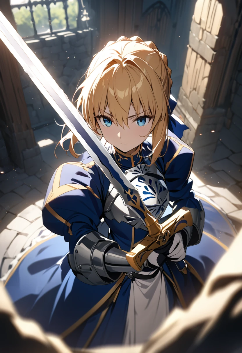 (masterpiece:1.2), (highest quality:1.2), Perfect Eyes, Perfect Face, Perfect lighting,1girl,Saber, holding sword artoria pendragon \(fate\), fate \(series\) perspective medieval beautiful, aesthetic, detailed, beautiful color amazing quality, best quality, high quality