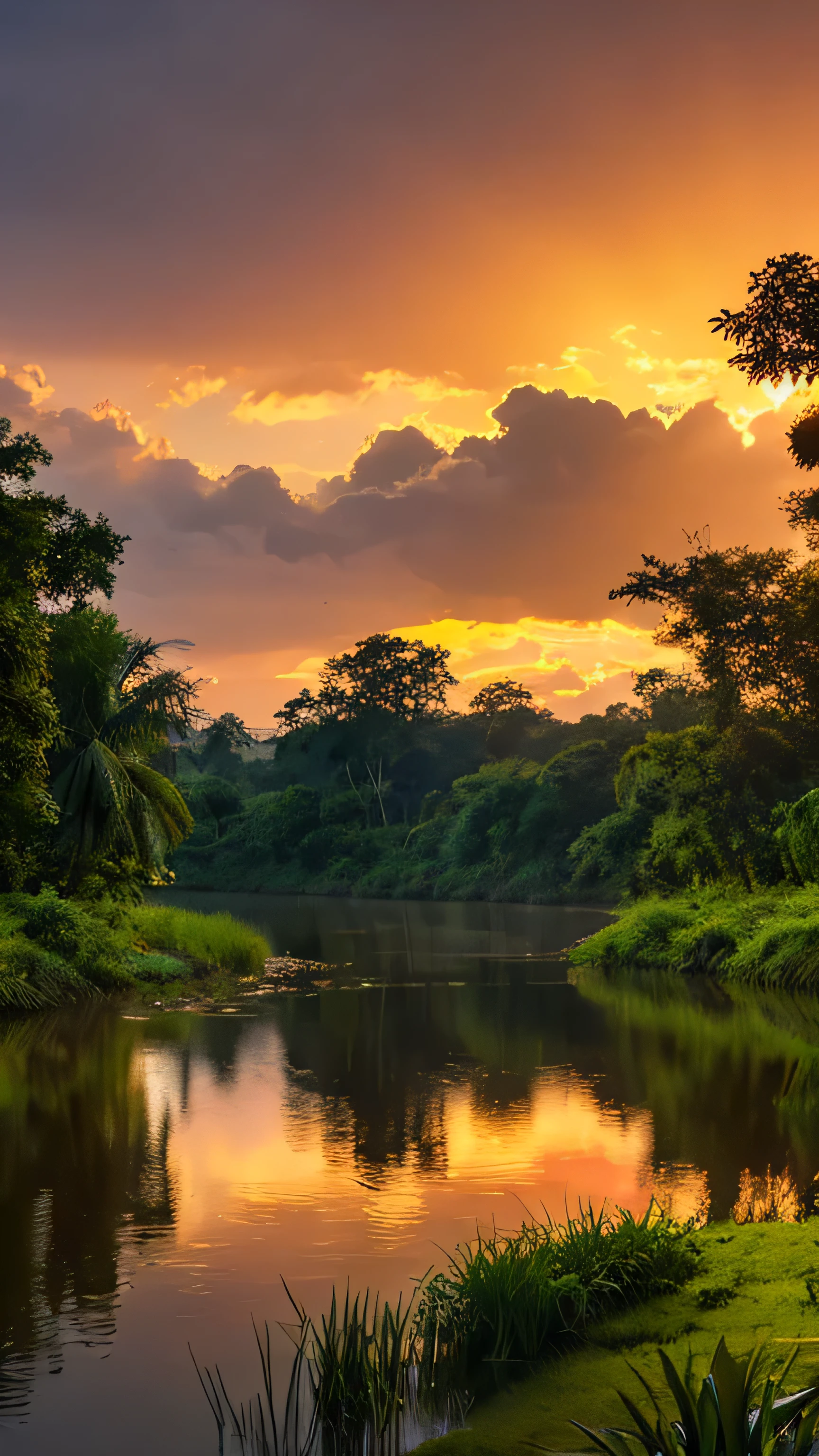 Depicting a mysterious river in the Amazon forest、Ultra-realistic and highly detailed beautiful masterpiece, With the setting sun, 