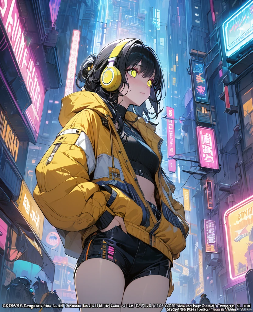 (masterpiece, Highest quality, Highest quality, Very detailed, Most detailed, Official Art, Structure of the film, beautifully、aesthetic:1.2), colorful, (Detailed drawn eyes:1.1), Beautiful Face, Perfect body, One girl, alone, City of night, City, Ratan, street, black | Yellow bomber jacket, (Neon Light:1.1),  software, performer, (headphone:1.1), (cyber punk:1.1), (sf:1.1), (look up:1.2), (public:1.2)