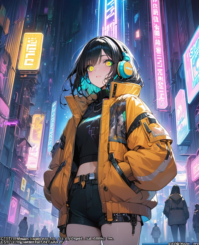 (masterpiece, Highest quality, Highest quality, Very detailed, Most detailed, Official Art, Structure of the film, beautifully、aesthetic:1.2), colorful, (Detailed drawn eyes:1.1), Beautiful Face, Perfect body, One girl, alone, City of night, City, Ratan, street, black | Yellow bomber jacket, (Neon Light:1.1), software, performer, (headphone:1.1), (cyber punk:1.1), (sf:1.1), (look up:1.2), (public:1.2)