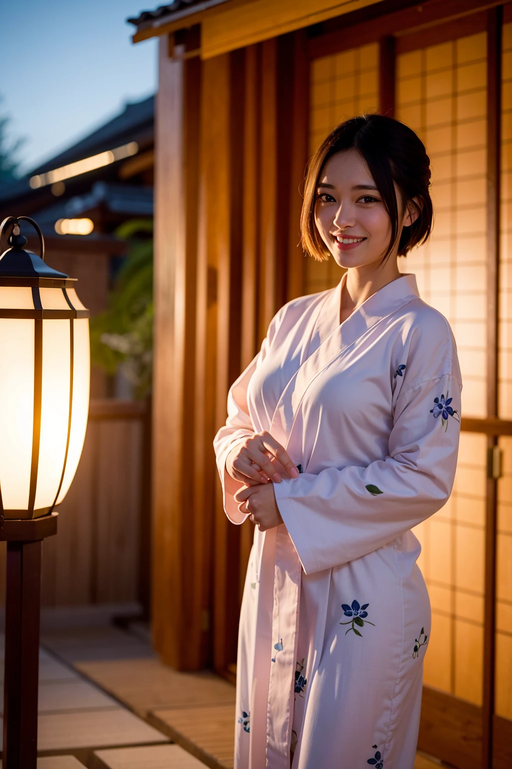 Top quality, A beautiful young woman with very short hair, wearing an elegant yukata adorned with delicate floral patterns. She stands gracefully under a lantern-lit path at a traditional Japanese festival. The soft glow of the lanterns highlights her serene smile and the intricate details of her yukata, creating a captivating and enchanting atmosphere, show under wear