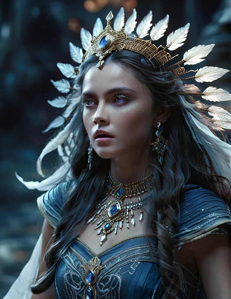 mystical female protagonist, intricate fantasy dress, glowing ethereal aura, detailed ornate headpiece, sweeping dramatic cape, enchanting eyes, porcelain skin, flowing hair, serene expression, dark moody lighting, cinematic dramatic atmosphere, vibrant jewel-toned colors, creative whimsical concept art, (best quality,4k,8k,highres,masterpiece:1.2),ultra-detailed,(realistic,photorealistic,photo-realistic:1.37)