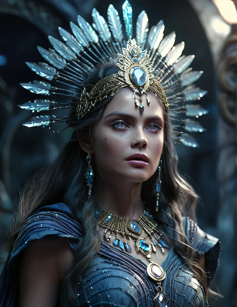 mystical female protagonist, intricate fantasy dress, glowing ethereal aura, detailed ornate headpiece, sweeping dramatic cape, enchanting eyes, porcelain skin, flowing hair, serene expression, dark moody lighting, cinematic dramatic atmosphere, vibrant jewel-toned colors, creative whimsical concept art, (best quality,4k,8k,highres,masterpiece:1.2),ultra-detailed,(realistic,photorealistic,photo-realistic:1.37)