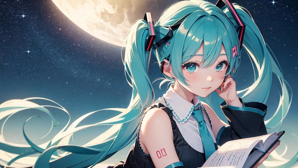 Under the quiet night sky、An image depicting Hatsune Miku reading a letter of thanks。