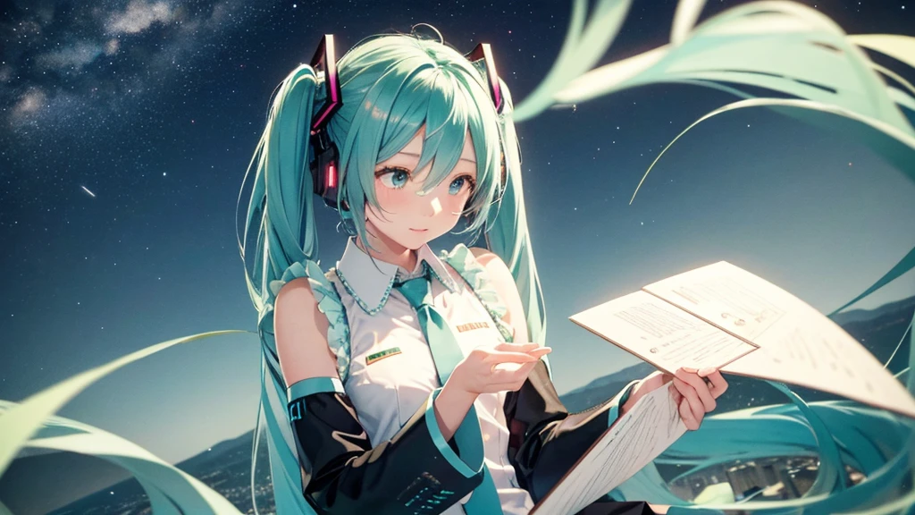 Under the quiet night sky、An image depicting Hatsune Miku reading a letter of thanks。