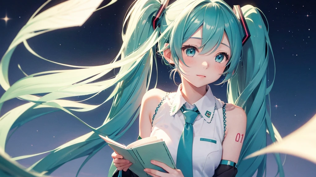 Under the quiet night sky、An image depicting Hatsune Miku reading a letter of thanks。