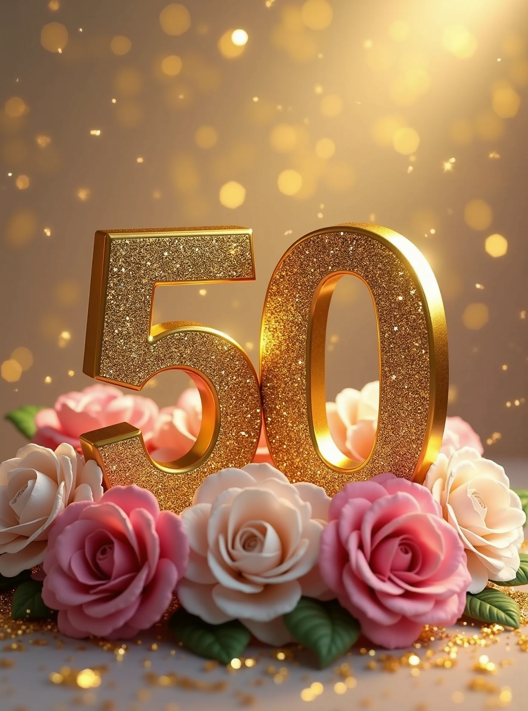 A 3D golden sparkling 50 with pink and white flower bouquets in a backdrop of golden glittering particles