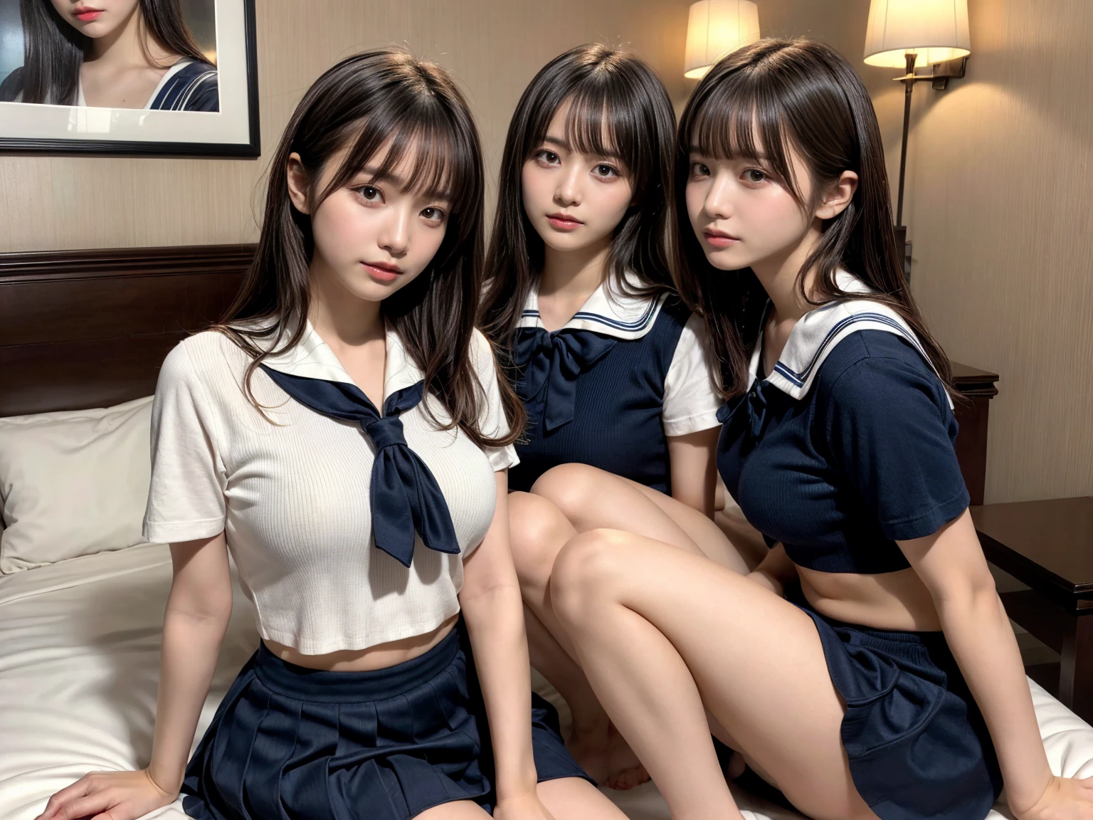 masterpiece, best quality, illustration, Super detailed, fine details, High resolution, 8K,wall paper, perfect dynamic composition,(Details High quality, realistic depiction of eyes:1.3), (3 girls), Black Sailor Uniform, serafuku, Navy pleated skirt, sitting, open legs, short bob hair, in a hotel room in the background, deep on field, large breasts, black hair color, Big Natural Color Lip, (perfect body shape), crying a little、Harajuku style、20 year old girl、cute type、beautiful legs, Gravure Idol