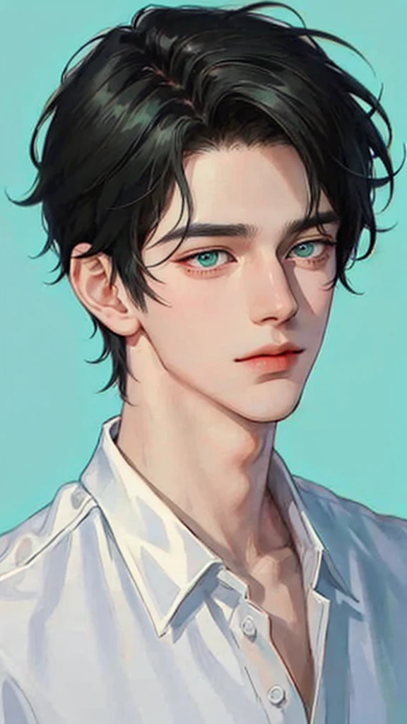 1 boy, Black Hair, short hair, green eyes, Exquisite eyes,solitary focus, green background, Male focus, solitary, Everlasting, Cheng Zhenyu, portrait,, (masterpiece:1.0), (best quality:1.0), (8k wallpaper:1.0), (Beautiful and delicate face:1.0), (detailed Deep eyes), shirt black!
