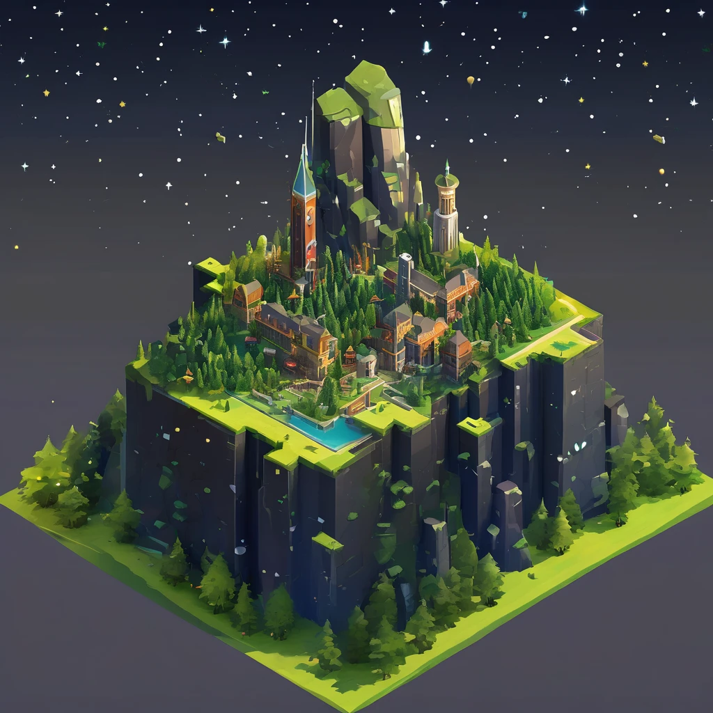 ((masterpiece, best quality)), absurdres, Isometric_Setting, woods, forest, (floating city, metropolis), tiny mountains, grassfield, space and stars background