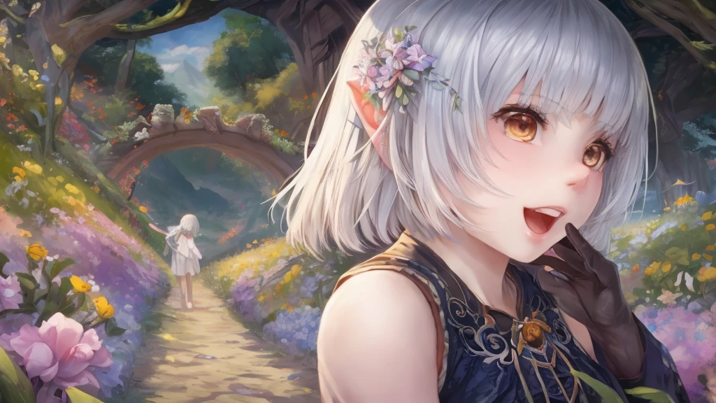 Open your mouth、Flower Field、Her eyes were shining、Mysterious and enchanting atmosphere。With AI Painting、とてもShort Hair, Long bangs between the eyes, Very detailed,(masterpiece、Highest quality)、alone、Gray Hair、Fantasy, Silver Hair, Fantasyな風景、smile、Open your mouth、short hair、Short Hair、hairpin、black eye、Grey Eyes、Beautiful Eyes、Black Shirt、White hoodie、Seaside、Fireworks