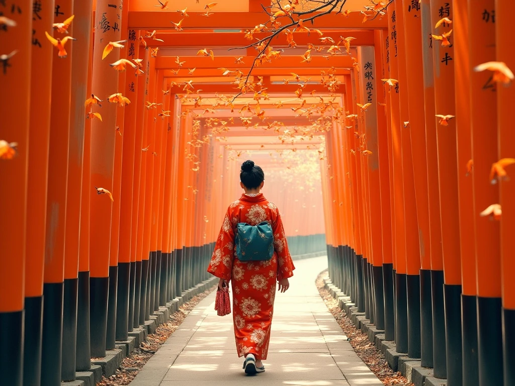 A woman in her fifties wearing a kimono is walking through a tunnel of orange birds., inspired Torii Qing Yuan Works, By Torii Kiyomasu, Inspired by Torii Kiyomasu, Inspired by Kyoto, Traditional Japanese colors, Japan Deeper Journey Exploration, By Torii Kiyomasu II, Torii Qing Yuan Works