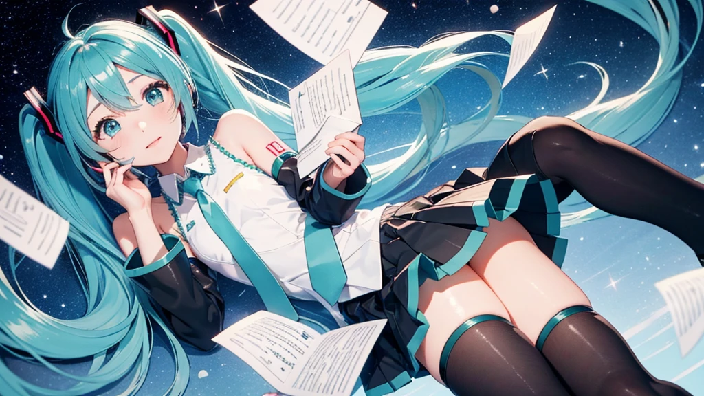 Under the quiet night sky、An image depicting Hatsune Miku reading a letter of thanks。