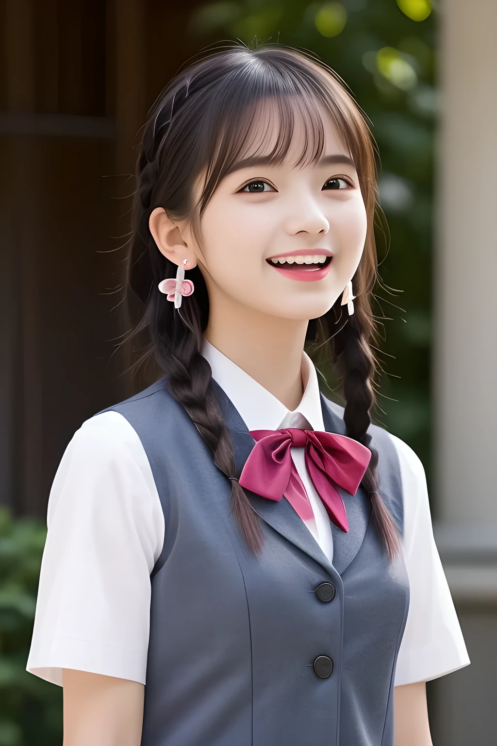 (highest quality, masterpiece, high resolution:1.2), 4K, (Photo quality detailed face: 1.2), (Giorgione painting style: 1.3), geometry, (14 yo beautiful Japanese girl: 1.0), Laughing cutely, (neat girly white school blouse), (Dark red glossy school ribbon on the breast: 1.0), (Gray Japanese school girly vest Uniform: 1.2), (Beautiful light-amber-cute-girly clear eyes with detailed cutely: 1.2), (Expressing the greatest joy with her whole body: 1.2), (Glossy lips: 1.0), (braids under her ears: 1.0), (cute earrings), (Inviting me into the heaven: 1.0)