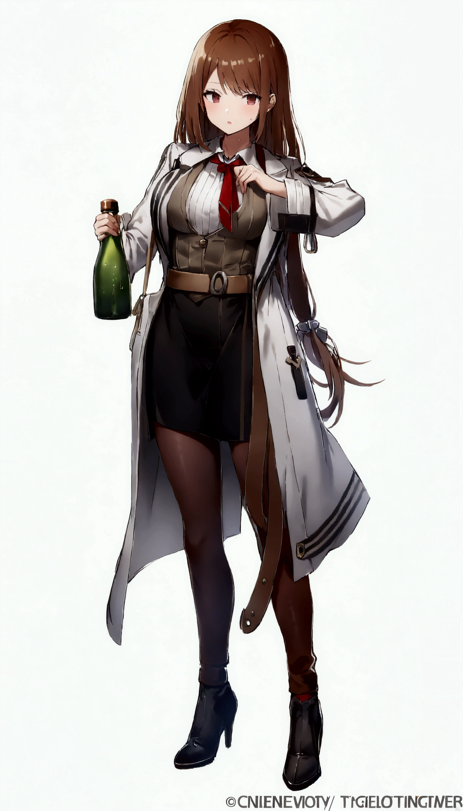  a woman in a white coat holding a green bottle and a book, (hair swept bangs:1.3), (brown hair:1.3), from girls frontline, fine details. girls frontline, gordon freeman as a woman, anya from spy x family, girls frontline universe, makoto shinka, girls frontline style, professor clothes, girls frontline, girls frontline cg, yayoi kasuma, with a lab coat, female protagonist 👀 :8